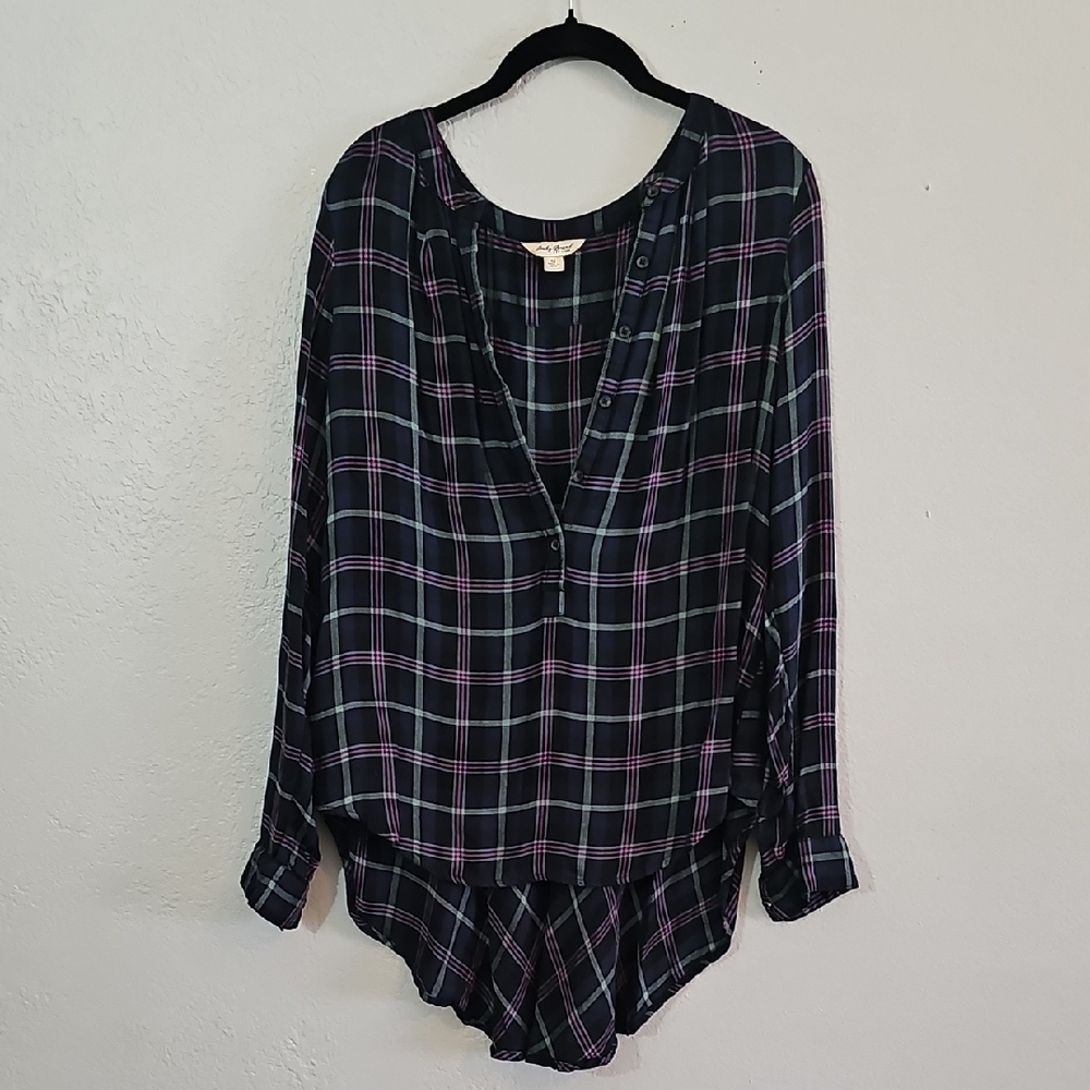 Lucky Brand Girlfriend Plaid Shirt Long Sleeve Popover Tunic Womens Medium - Picture 3 of 9